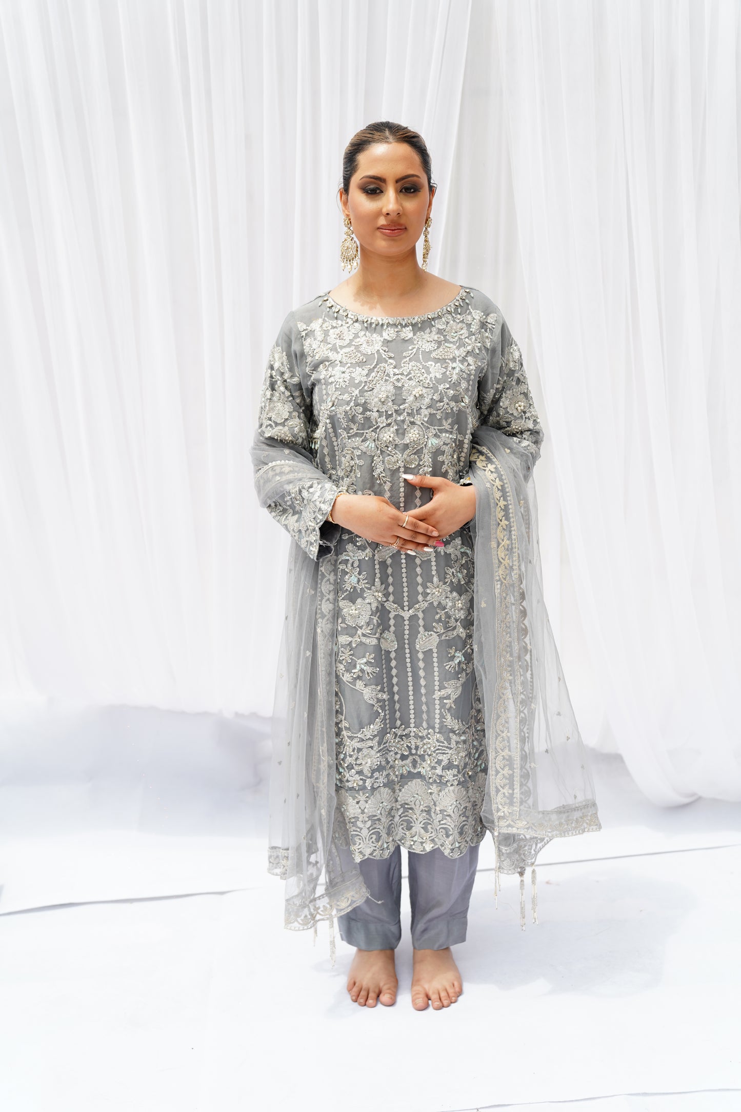 Silver Galaxy Shalwar Kameez , Straight Pants Heavy Pakistani Indian Formal